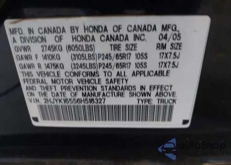 2006 Honda Ridgeline Rtl from USA, damaged, VIN 2HJYK16556H516327